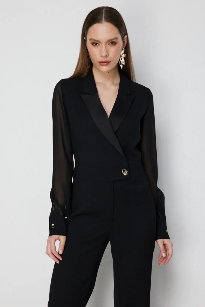 EKOL Kolları Şifon Kruvaze Yaka Tulum 6448 - Siyah