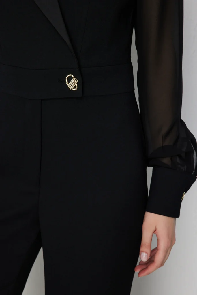 EKOL Kolları Şifon Kruvaze Yaka Tulum 6448 - Siyah