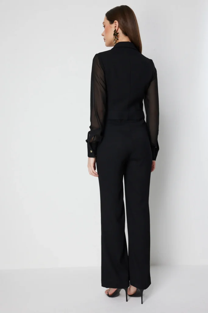 EKOL Kolları Şifon Kruvaze Yaka Tulum 6448 - Siyah