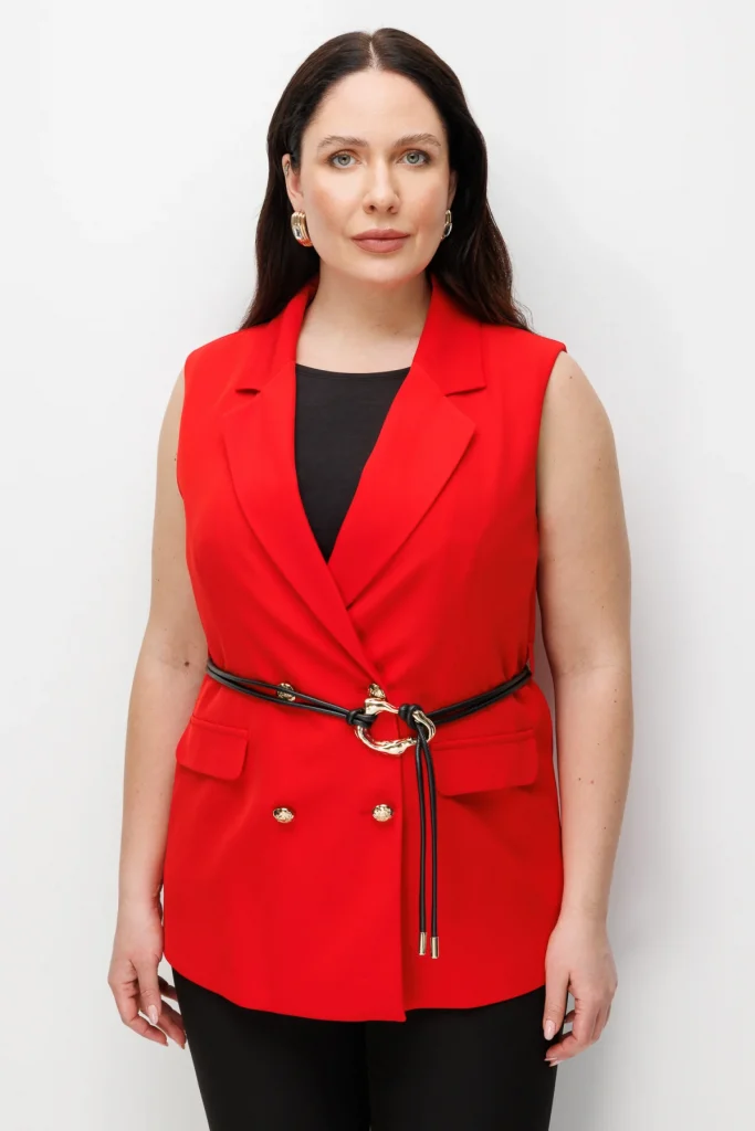 EKOL Deri Kemerli Kruvaze Yelek 1524 - KIRMIZI