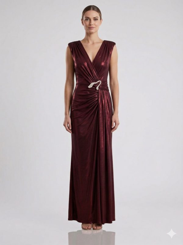 EXPLOSİON Mürdüm Metalik Görünümlü Drapeli Abiye Elbise 58451