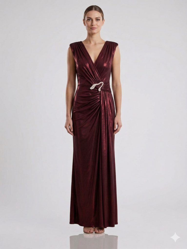 EXPLOSİON Mürdüm Metalik Görünümlü Drapeli Abiye Elbise 58451 - bordo