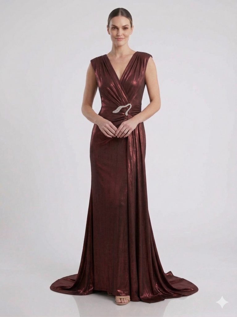 EXPLOSİON Mürdüm Metalik Görünümlü Drapeli Abiye Elbise 58451