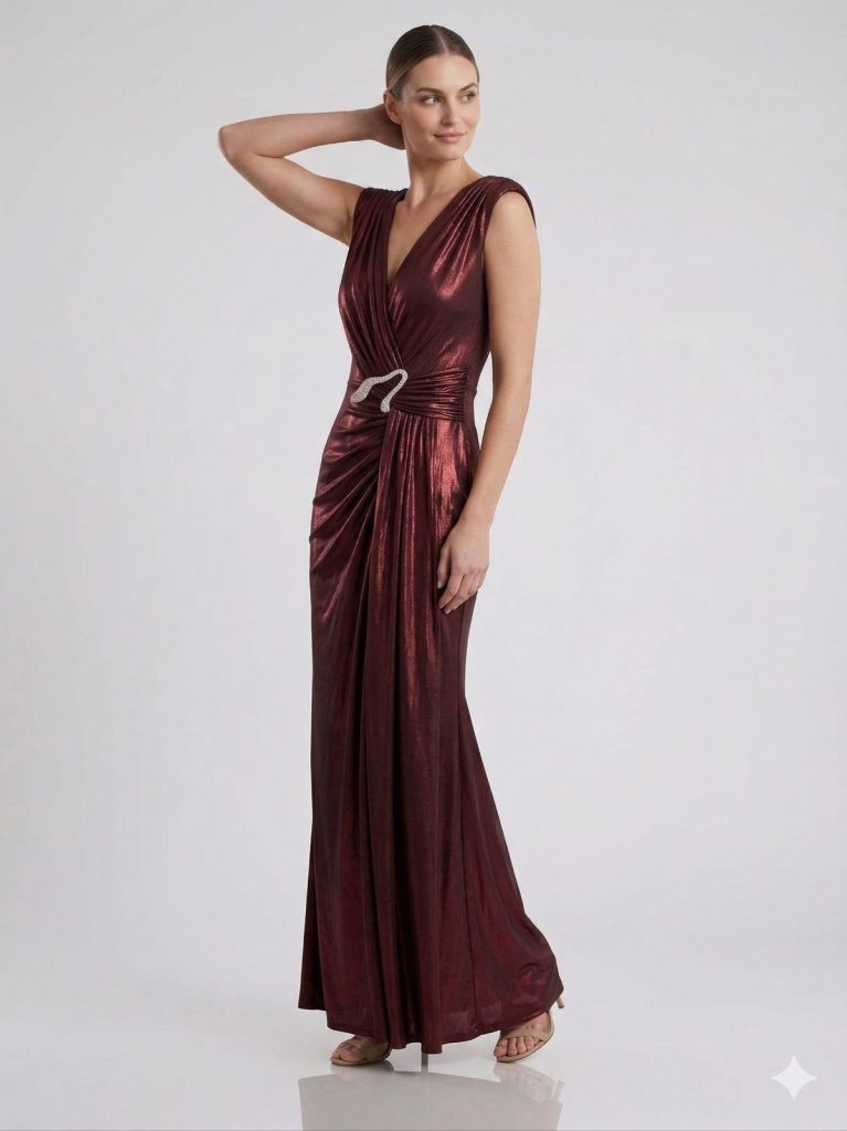 EXPLOSİON Mürdüm Metalik Görünümlü Drapeli Abiye Elbise 58451 - bordo