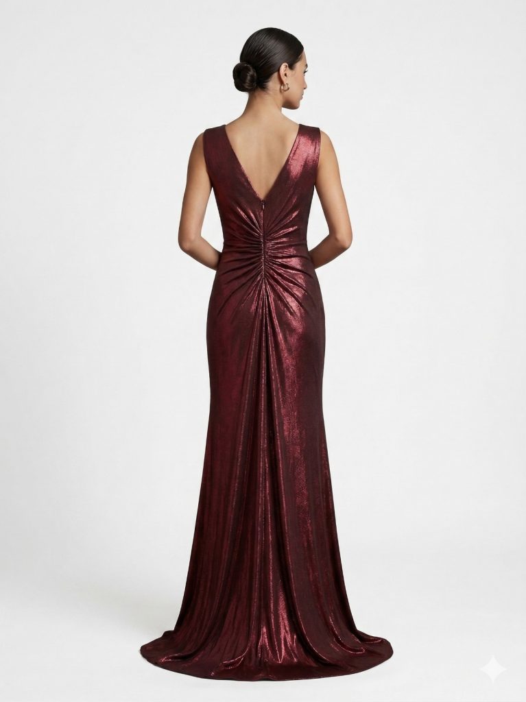 EXPLOSİON Mürdüm Metalik Görünümlü Drapeli Abiye Elbise 58451 - bordo