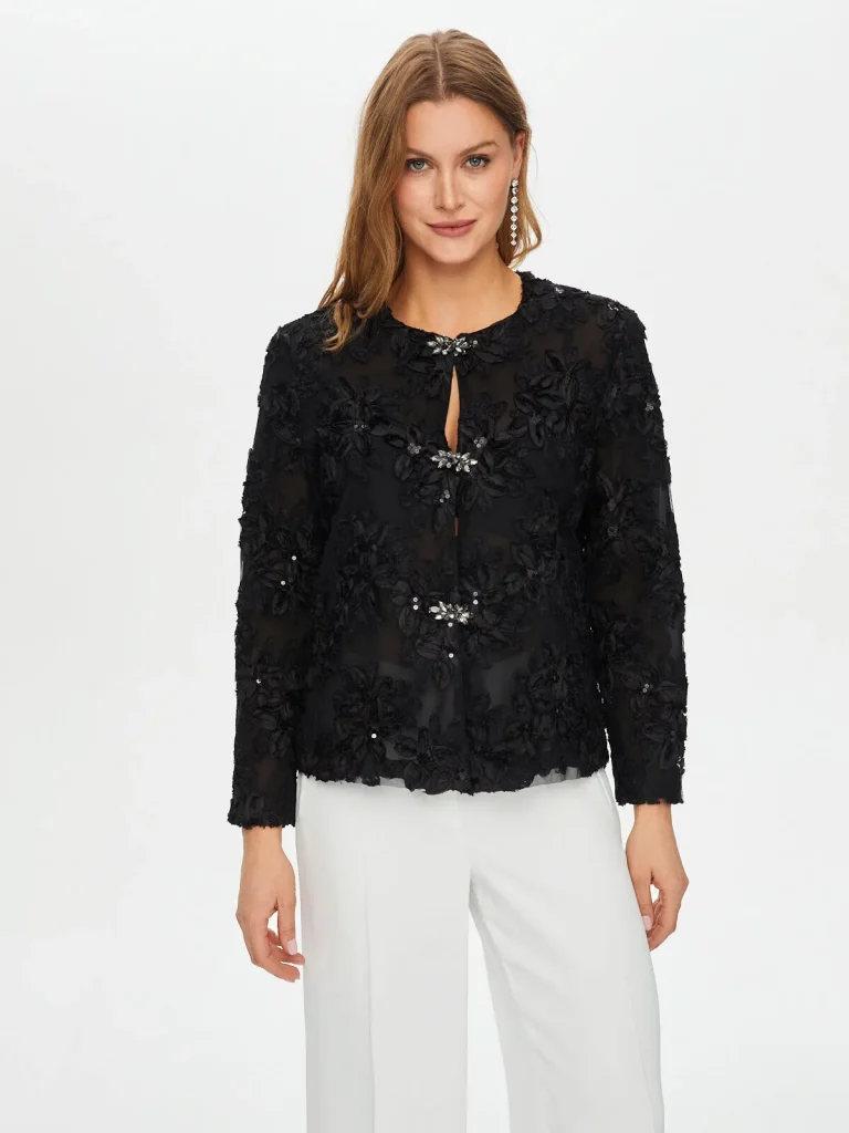 FAİK SÖNMEZ Çiçek Desen Aplike Ve Payet Detaylı Abiye Ceket 003 - Siyah