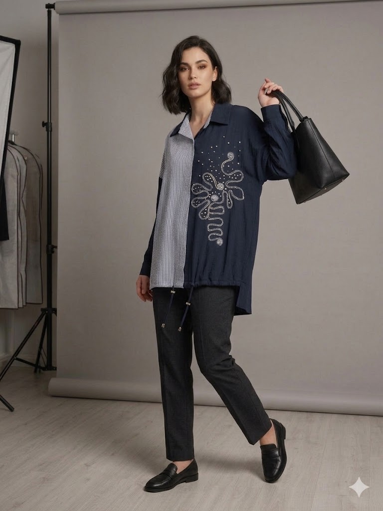 GİLDA Boncuk İşlemeli Gömlek 40117 - Lacivert