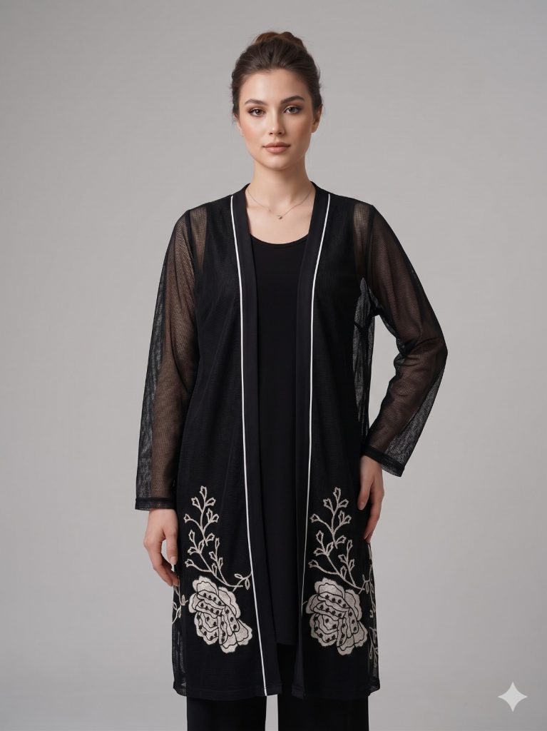 FEMİNA Nakış İşlemeli Transparan File Hırka Ve İç Bluz Seti 64768