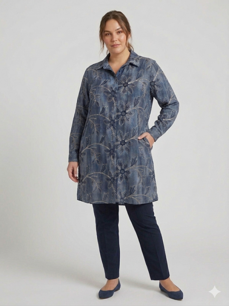 FEMİNA Büyük Beden Boncuk İşlemeli Tunik 64427 - İNDİGO