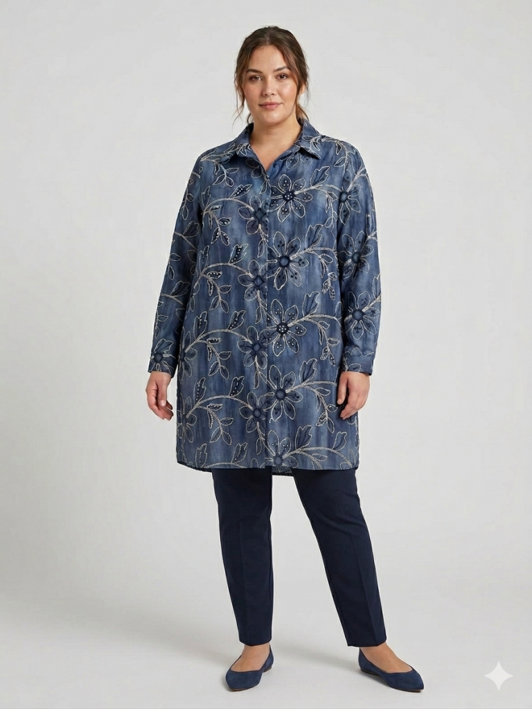 FEMİNA Büyük Beden Boncuk İşlemeli Tunik 64427 - İNDİGO