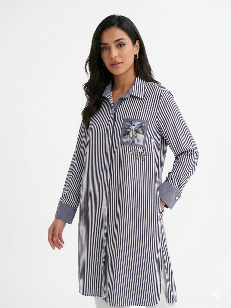 FEMİNA Çizgili Cep Baskılı Tunik 64460 - İNDİGO