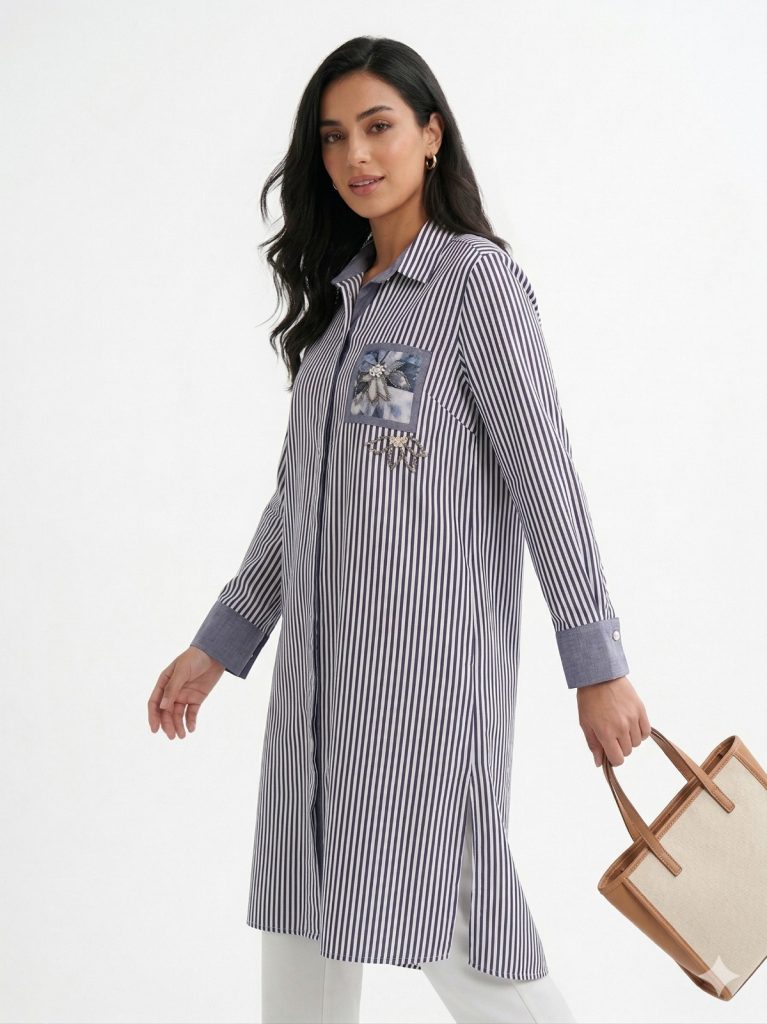 FEMİNA Çizgili Cep Baskılı Tunik 64460 - İNDİGO