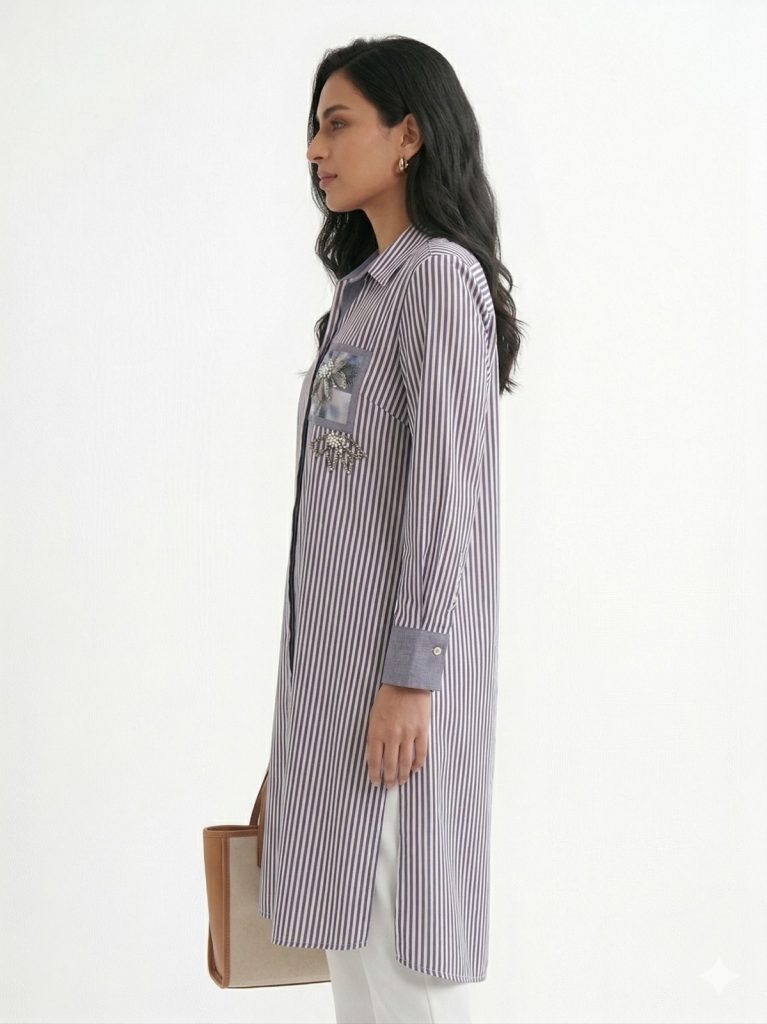 FEMİNA Çizgili Cep Baskılı Tunik 64460 - İNDİGO