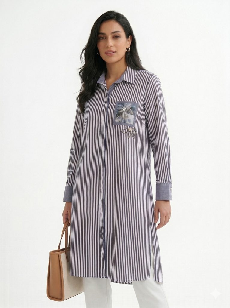 FEMİNA Çizgili Cep Baskılı Tunik 64460 - İNDİGO
