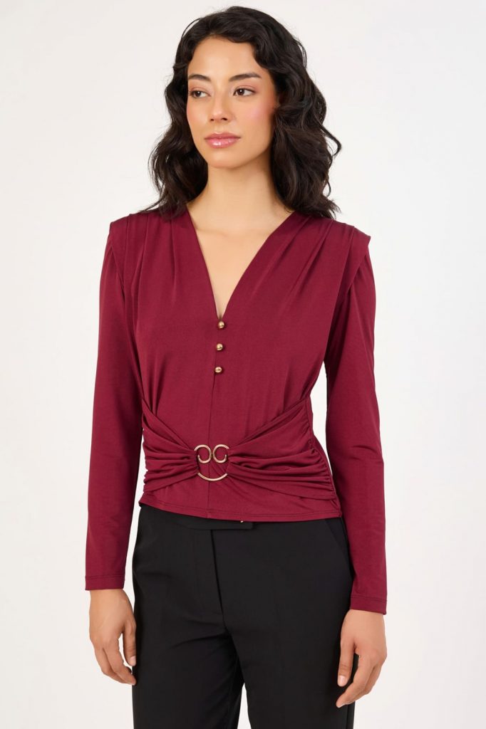 FEVER Büzgülü Minimal Aksesuarlı Bluz 14017 - bordo