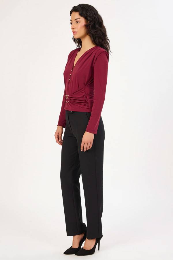 FEVER Büzgülü Minimal Aksesuarlı Bluz 14017 - bordo