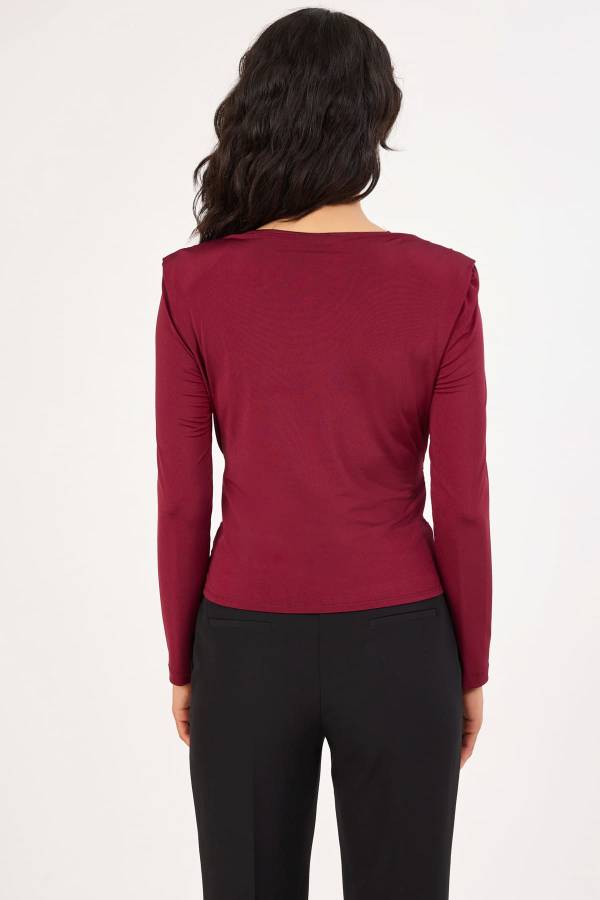 FEVER Büzgülü Minimal Aksesuarlı Bluz 14017 - bordo