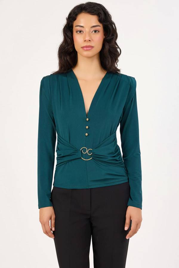 FEVER Büzgülü Minimal Aksesuarlı Bluz 14017 - ZÜMRÜT