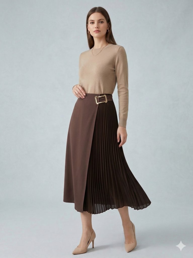 FEVER Piliseli Bel Detaylı Midi Etek 13008 - kahve