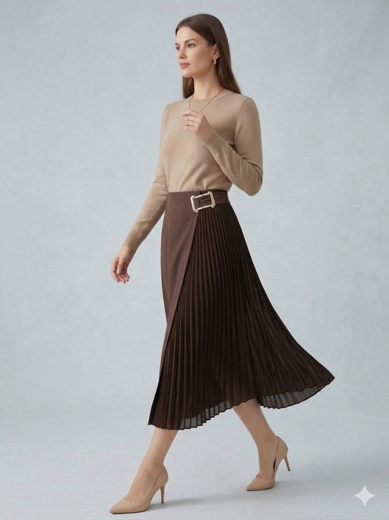 FEVER Piliseli Bel Detaylı Midi Etek 13008 - kahve