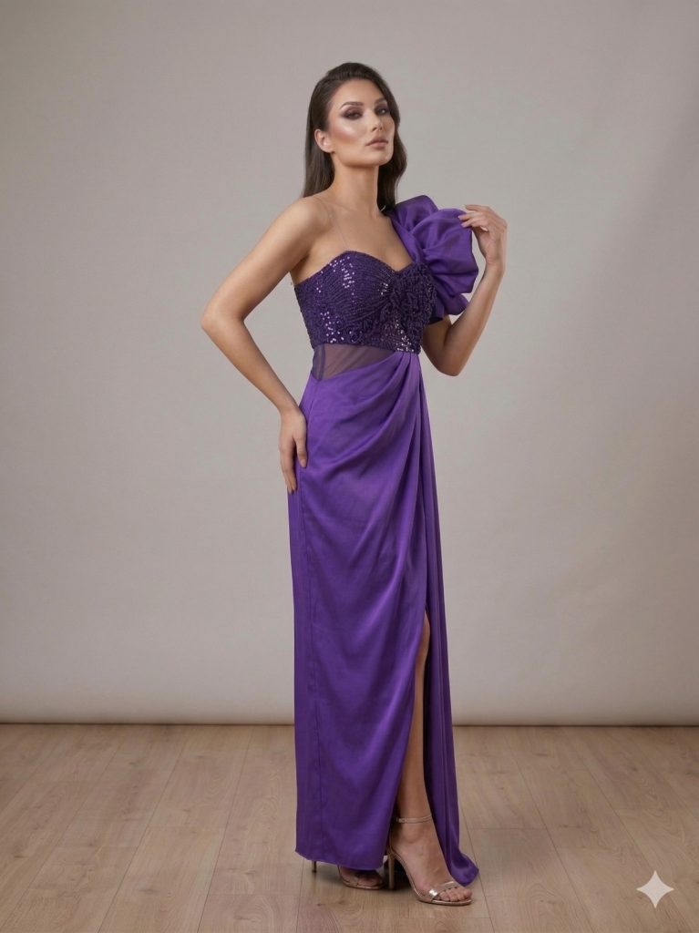 CENTİLMEN Tek Omuz Volan Detaylı Payetli Abiye Elbise  57203