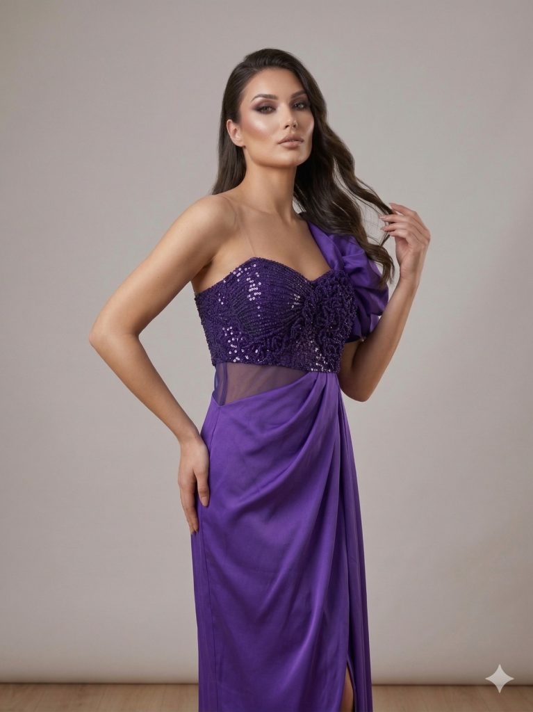 CENTİLMEN Tek Omuz Volan Detaylı Payetli Abiye Elbise  57203 - Mor