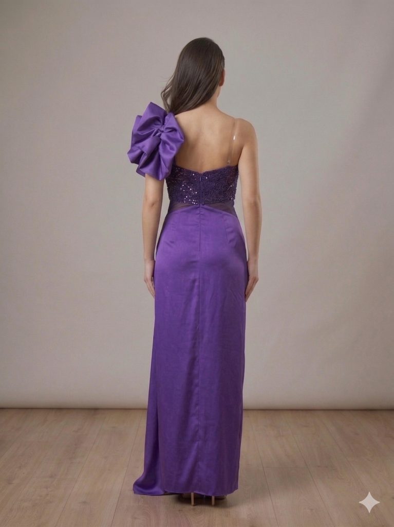 CENTİLMEN Tek Omuz Volan Detaylı Payetli Abiye Elbise  57203 - Mor