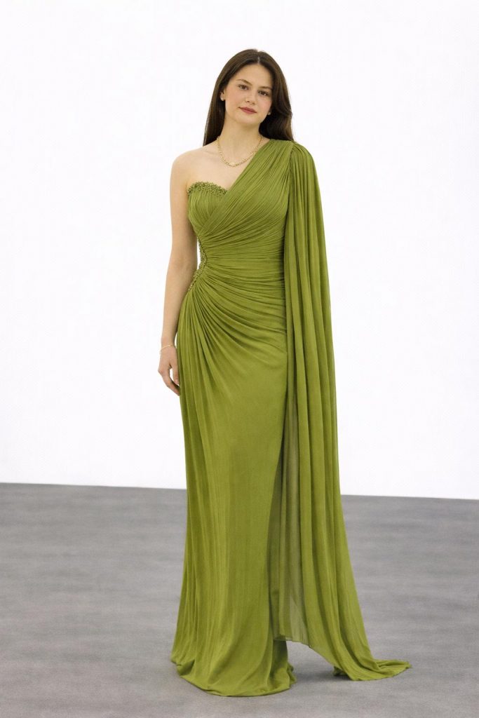 FOR COSTUME Kol Detaylı Yarım Straplez Abiye Elbise 0799 - HAKİ