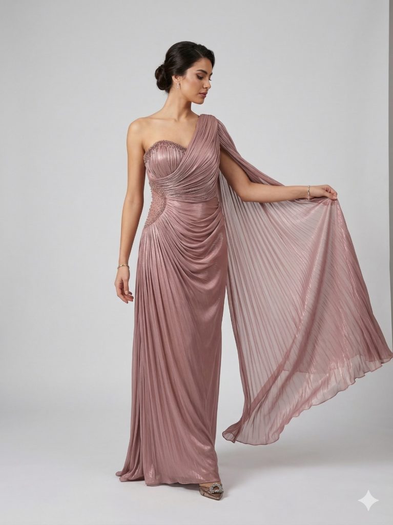 FOR COSTUME Kol Detaylı Yarım Straplez Abiye Elbise 0799 - GÜL KURUSU