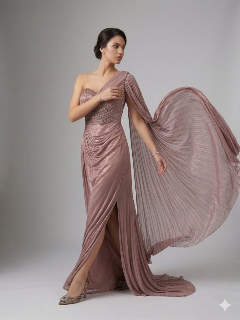 FOR COSTUME Kol Detaylı Yarım Straplez Abiye Elbise 0799 - GÜL KURUSU