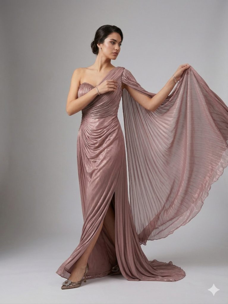 FOR COSTUME Kol Detaylı Yarım Straplez Abiye Elbise 0799 - GÜL KURUSU