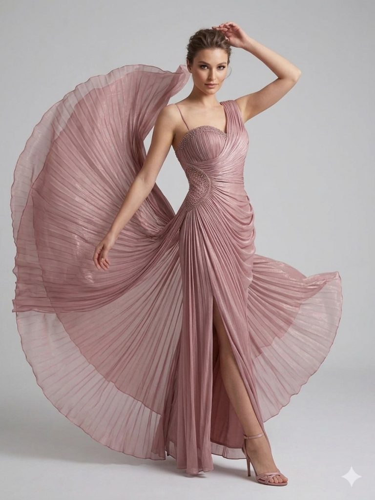 FOR COSTUME Kol Detaylı Yarım Straplez Abiye Elbise 0799 - GÜL KURUSU