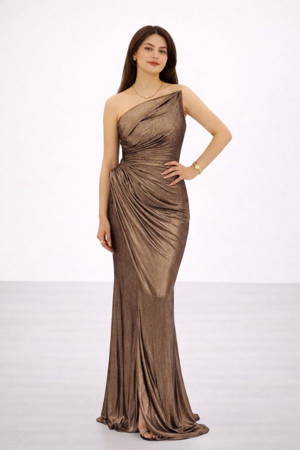 FOR COSTUME Bronz Metalik Görünümlü Tek Omuz Drapeli Abiye 10370
