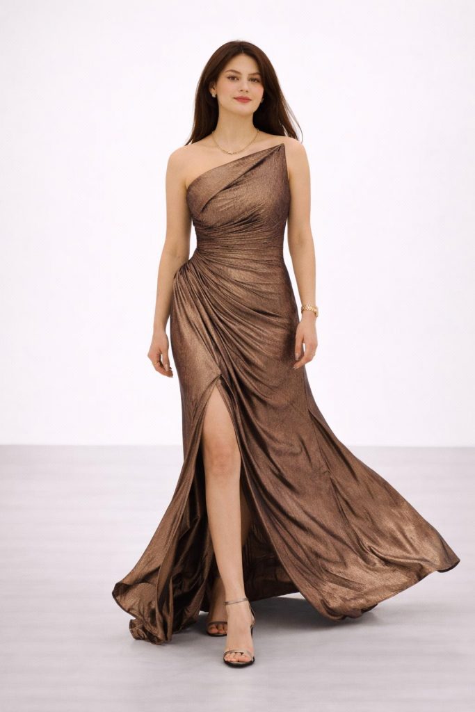 FOR COSTUME Bronz Metalik Görünümlü Tek Omuz Drapeli Abiye 10370