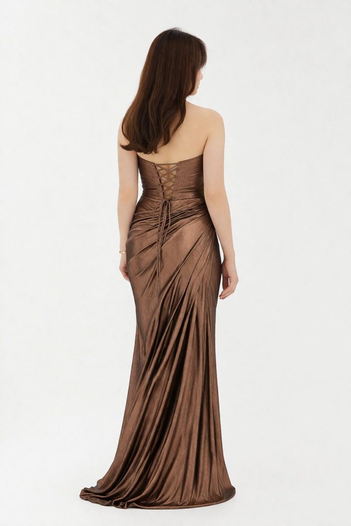 FOR COSTUME Bronz Metalik Görünümlü Tek Omuz Drapeli Abiye 10370 - BAKIR
