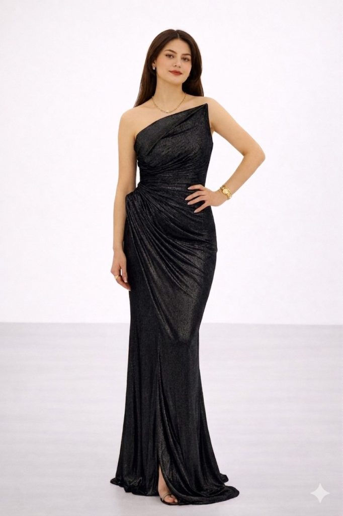 FOR COSTUME Bronz Metalik Görünümlü Tek Omuz Drapeli Abiye 10370 - Siyah