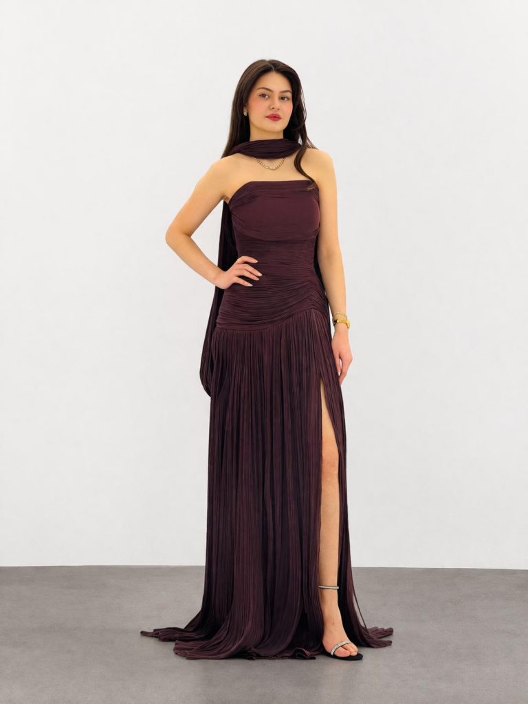 FOR COSTUME Straplez Boyun Deatylı Abiye Elbise 10400 - KESTANE