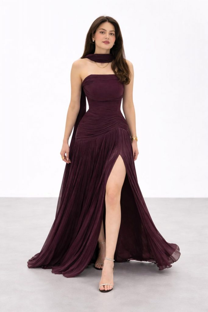 FOR COSTUME Straplez Boyun Deatylı Abiye Elbise 10400 - KESTANE