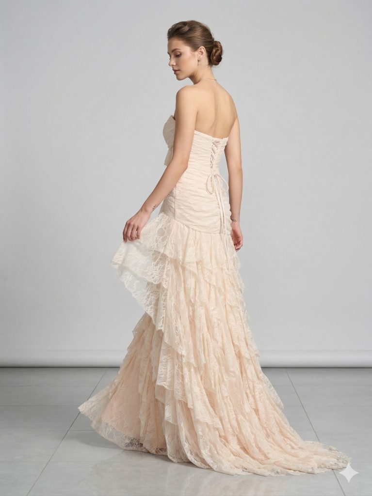 FOR COSTUME Işıltılı Asimetrik Fırfırlı Abiye 10429 - BEJ