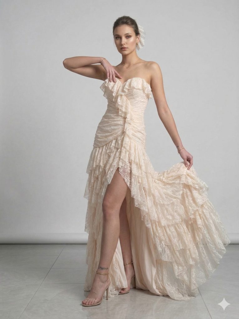 FOR COSTUME Işıltılı Asimetrik Fırfırlı Abiye 10429 - BEJ