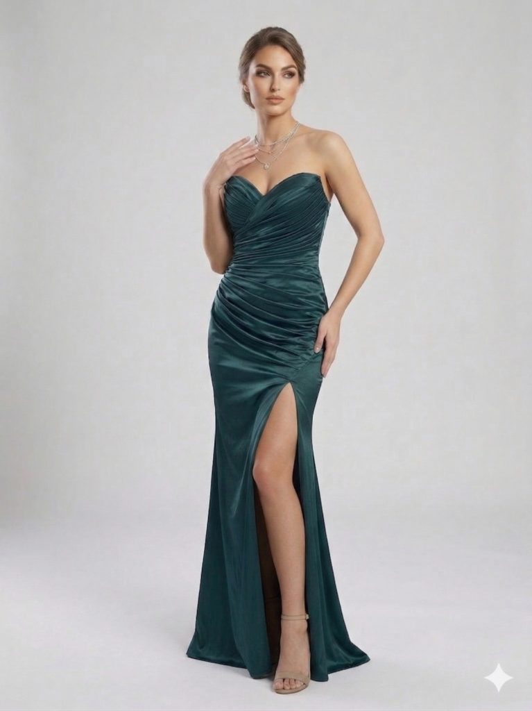 FOR COSTUME Drapeli Straplez Elbise 10524 - ZÜMRÜT