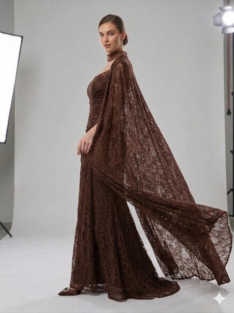 FOR COSTUME Pelerinli Dantel İşlemeli Abiye 10561 - kahve