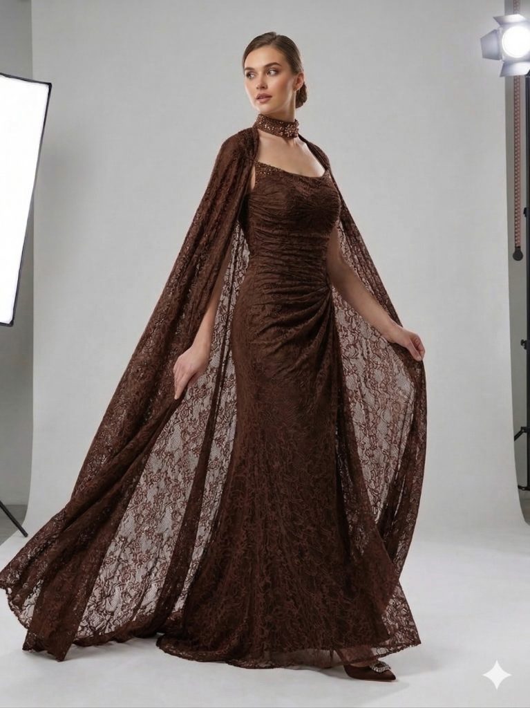 FOR COSTUME Pelerinli Dantel İşlemeli Abiye 10561 - kahve