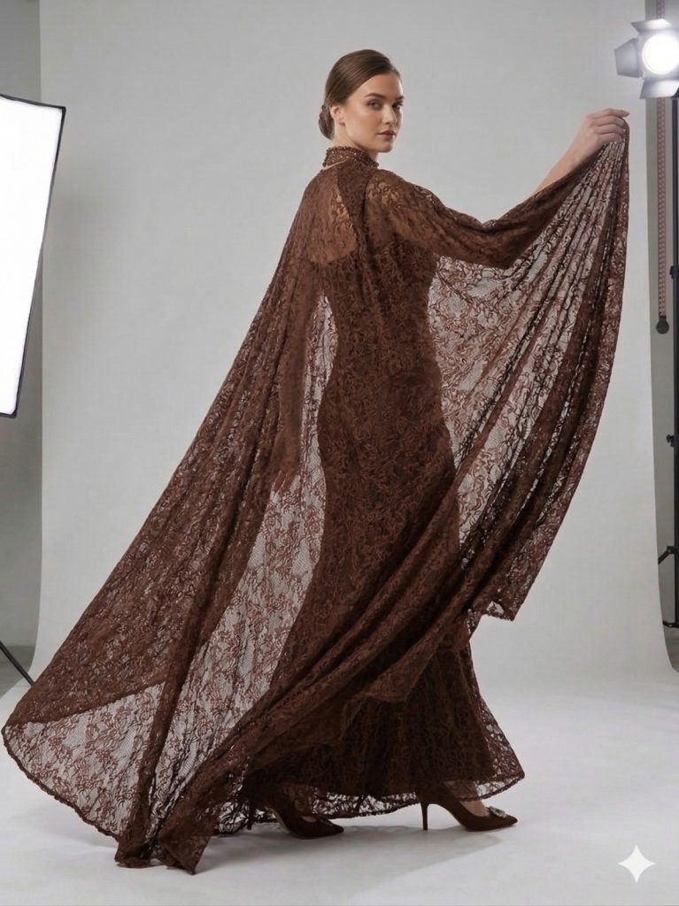 FOR COSTUME Pelerinli Dantel İşlemeli Abiye 10561 - kahve