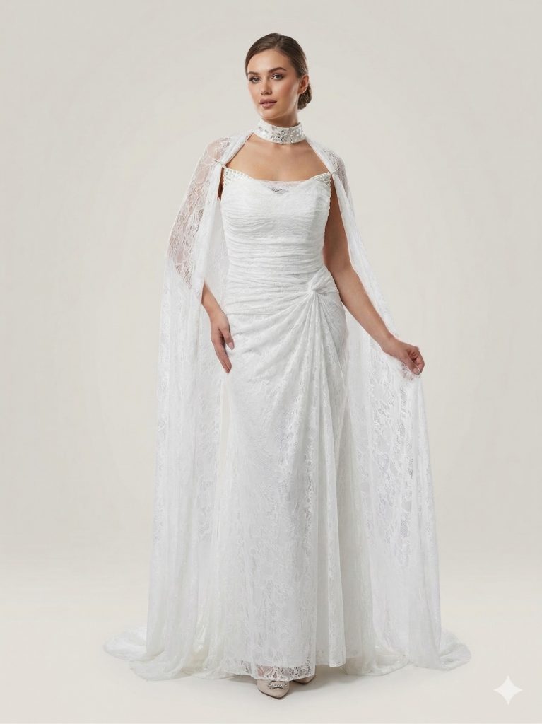 FOR COSTUME Pelerinli Dantel İşlemeli Abiye 10561 - KEKİK