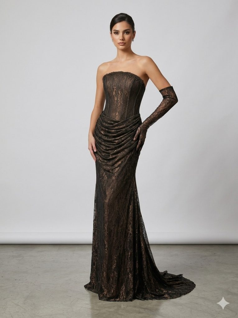 FOR COSTUME Bronz Işıltılı Dantel Korseli Abiye  9892 - Siyah