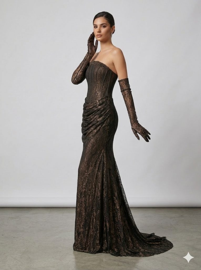 FOR COSTUME Bronz Işıltılı Dantel Korseli Abiye  9892 - Siyah