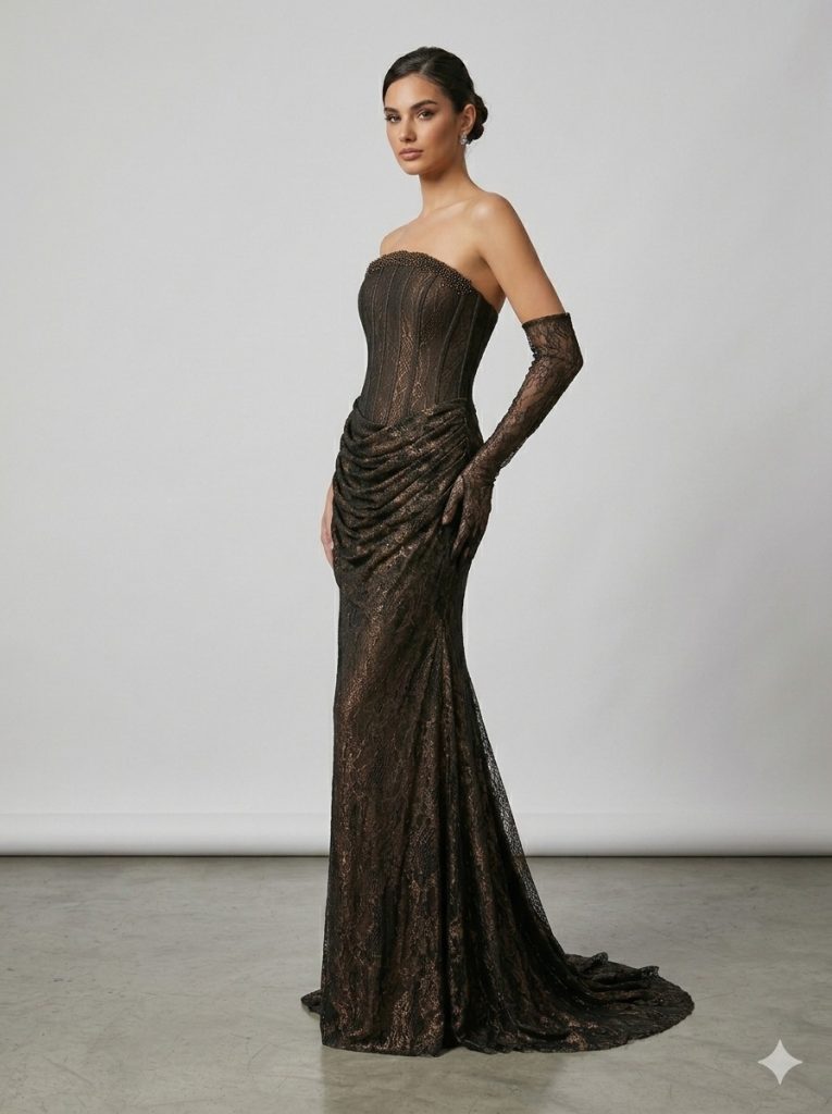 FOR COSTUME Bronz Işıltılı Dantel Korseli Abiye  9892 - Siyah