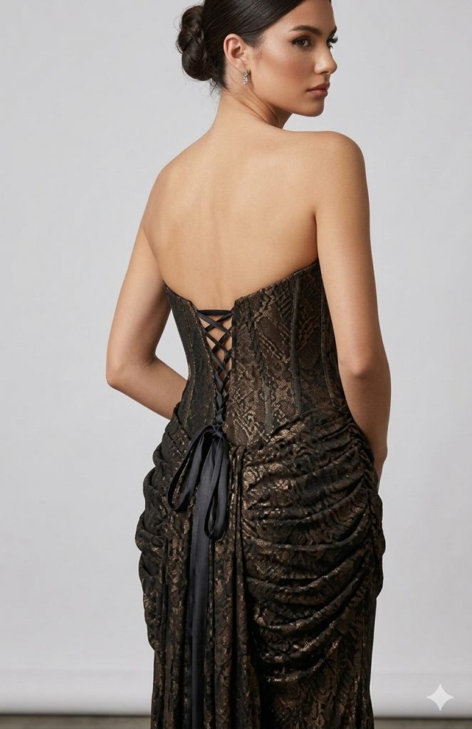 FOR COSTUME Bronz Işıltılı Dantel Korseli Abiye  9892 - Siyah