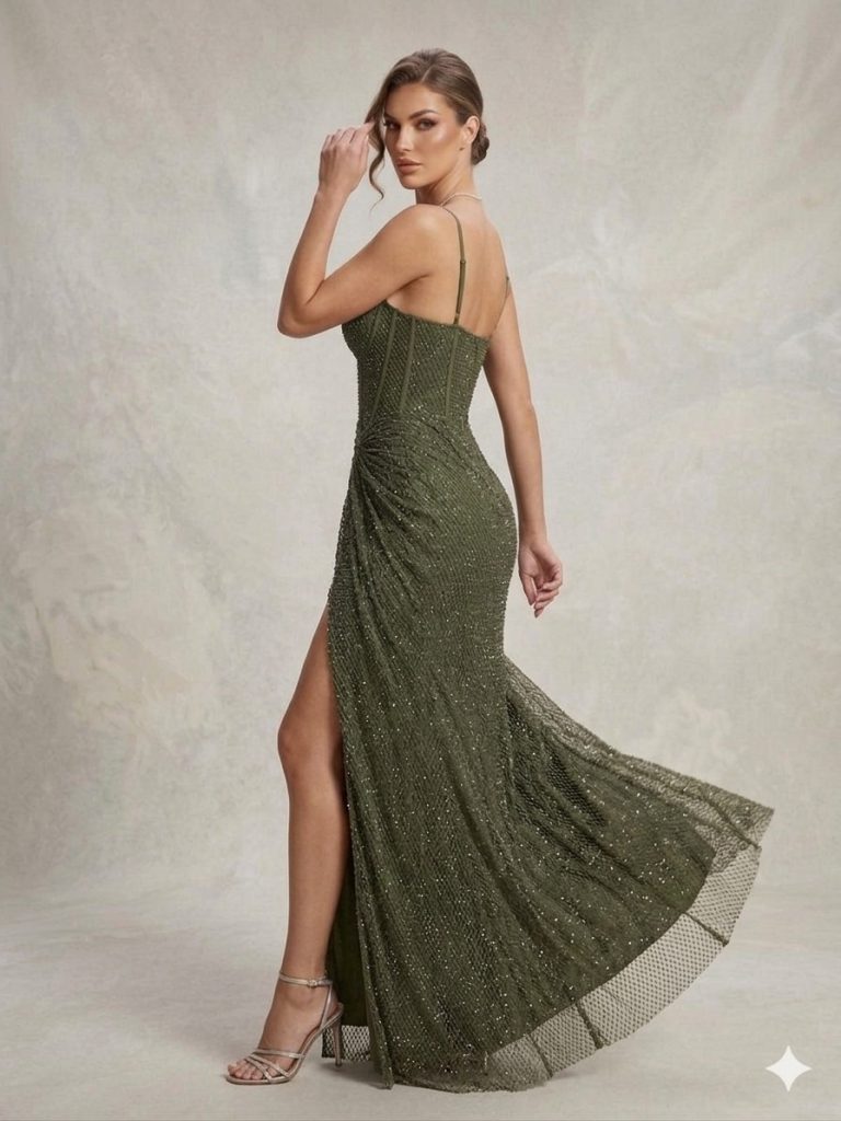 FOR COSTUME Kristal İşlemeli Korsaj Elbise 9983 - HAKİ